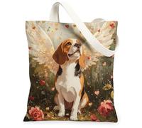 Beagle Dog Canvas Tote Bag for Shopping 13 * 15, Valentine's Day Vintage Wing Reusable Grocery Bag for Women, Pet Travel Pattern Gift Decoration