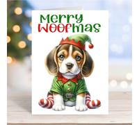 Beagle Dog No 2 Christmas Elf Puppy Card Gifts and Designs. Space for your own message inside. Can be personalised - with Matching Envelope