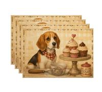 Beagle Dog Placemats, Vintage Country Kitchen Style Table Mats for Dining, Heart Pattern Non-Slip Washable Indoor Outdoor Decorative Placemat Set of 4
