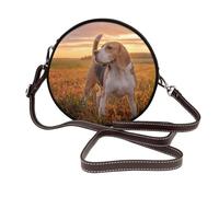 Beagle Lawn Dogs On A Walk Pets Dogs Sunset, PU Leather Shoulder Bag, Round Crossbody Bag - Circle Purse for Women