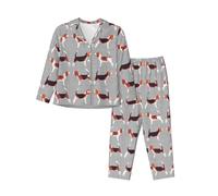 Beagle Patterns Print Women'S Nightwear Long Sleeve Pajama Set, Lounge Button Down Pjs Soft Sleepwear, Black, S