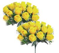 BEAHING 2 Bundles Cemetery Flowers for Grave 24 Heads Grave Flowers 15.8'' Realistic Fake Rose Outdoor Artificial Flowers for Grave Decorations Yellow, Cemetery Flowers For Grave