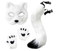 BEAHING 3Pcs Therian Mask and Tail Set Furry Fox Costume Includes Fluffy Mask, Paw Gloves ＆Tail Therian Stuff Halloween Costumes for Fancy Dress up Party Cosplay, Fox Ears and