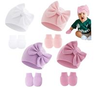 BEAHING 4 Pairs Baby Mittens and 4Pcs Newborn Beanie Hat Set, Cotton Hospital Hat Beanie with Bow Soft Cotton Gloves for Babies