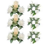 BEAHING 6PCS 7.9 Inch Artificial Rose Floral Candle Rings for Pillars, Small Wreath Holder Wedding Centerpieces, White