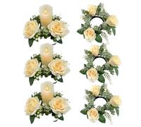 BEAHING 6PCS 7.9 Inch Artificial Rose Floral Candle Rings for Pillars, Small Wreath Holder Wedding Centerpieces, Champagne