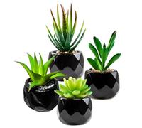 BEAHING Artificial Plants Indoors In Pots 4Pcs 2.36x4.33 Inch Black Succulent Plant Pot Small Artificial Potted Plants Green Succulents for Bedroom, Living Room Decor