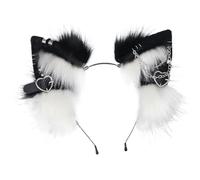 BEAHING Cat Ears Headband, Furry Ears Headwear with Metal Heart and Chain Decor, Gothic Punk Therian Ears, Animal Ears Hairband for Cosplay Costume, Black and White, Therian Ears