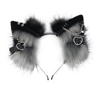 BEAHING Cat Ears Headband, Furry Ears Headwear with Metal Heart and Chain Decor, Gothic Punk Therian Ears, Animal Ears Hairband for Cosplay Costume, Black and Grey, Therian Ears