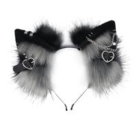 BEAHING Cat Ears Headband, Furry Ears Headwear with Metal Heart and Chain Decor, Gothic Punk Therian Ears, Animal Ears Hairband for Cosplay, Black and Grey