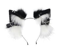 BEAHING Cat Wolf Fox Dog Ears Headband, Furry Ears Headwear with Metal Heart and Chain Decor Gothic Punk Therian Ears Hairband for Halloween Costume Party, Black and White