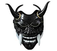 BEAHING Oni Mask, Samurai Mask, Latex Japanese Hannya Mask, Scary Full Face Samurai Mask with Fangs and Ox Horn, 11x9.5 Horror Devil Mask with Elastic Band for Halloween, Masquerade Props, Black