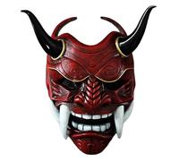 BEAHING Oni Mask, Samurai Mask, Latex Japanese Hannya Mask, Scary Full Face Samurai Mask with Fangs and Ox Horn, 11x9.5 Horror Devil Mask with Elastic Band for Halloween, Masquerade Props, Red