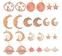 BEAMARKER 1 Box 24Pcs 12 Styles Enamel Celestial Charms Cat Moon Star Charm Assorted Pink Alloy Metal Planet Space Pendants for Jewelry Making Earrings Necklace Bracelet Key Chains DIY Crafts