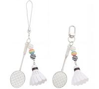 BEAMARKER 1 Box 2Pcs Badminton Key Chains Sports Charm Keychain White Silver Resin Alloy PVC Badminton Ball Racket Sport Charms Swivel Clasps Cord Keys Chain for Purse Bag Pendent Gift Accessories
