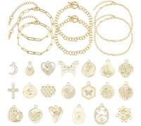 BEAMARKER 1 Box Charm Bracelet Making Kit Including 6Pcs Expandable Chain Bracelets 20Pcs Jump Rings 19 Styles Gold Moon Sun Cross Butterfly Charms Pendants for Jewelry Making Kit DIY Crafts Beginner