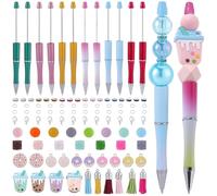 BEAMARKER 170Pcs DIY Food Beadable Pens Kit Plastic Black Ink Ballpoint Beaded Pens with Donut Coffee Silicone Beads Assorted Spacer Rhinestone Beads Tassel Lobster Clasp for Office School Supplies