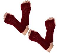 BEAMARKER 2 Pairs Crochet Fingerless Gloves for Women Winter Warm Knitted Hollow Leaf Pattern Thumb Hole Arm Warmers Half Finger Wrist Mittens for Typing Driving Hiking Outdoor Cold Weather Dark Red