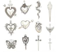 BEAMARKER 24Pcs 12 Styles Alloy Gothic Charms Butterfly Heart Bird Head Sword Skull Pendants Goth Halloween Charms Tibetan Goth Dangle Pendant for DIY Jewelry Accessories Necklaces Earrings