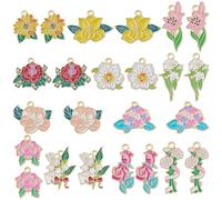 BEAMARKER 24Pcs 12 Styles Flower Enamel Charms Colorful Alloy Enamel Floral Pendants Rose Flower Dangle Charms with Golden Loop for DIY Necklace Bracelet Earring Craft Jewelry Making Keychain