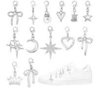 BEAMARKER 26Pcs 13 Styles Silver Shoes Decoration Charms Alloy Clip on Charm Pendants Star Crown Bowknot Moon Heart Flower Shoe Lace Charms with Lobster Clasps for Sneakers Boot Bags Keychain
