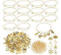 BEAMARKER 290Pcs Bangle Bracelets Making Kit Gold Expandable Blank Bracelets Adjustable Wire Bangles with Open Jump Rings Tibetan Style Alloy Charms Ocean Leaf Fruit Design for DIY Jewelry Crafting