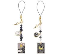 BEAMARKER 2Pcs Phone Charms Strap Aesthetic Black White Beaded Phone Bracelet Wrist Straps with Tarot Moon Star Charm Universal Lanyard for Women Men Camera Keychain Bag Pendant Decor Gift