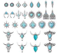 BEAMARKER 30Pcs 15 Styles Western Charms for Jewelry Making Synthetic Turquoise Cattle Head Cactus Double Horn Heart Cross Sun Leaf Pendants for Earrings Necklace Bracelet Keychain DIY Crafts