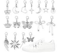 BEAMARKER 32Pcs 16 Styles Silver Shoes Decoration Charms Alloy Clip on Charm Pendants Wing Sun Heart Bowknot Star Butterfly Crown Shoe Lace Charm with Lobster Clasp for Sneakers Boot Bag Keychain