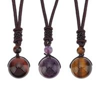 BEAMARKER 3Pcs 3 Styles Natural Gemstone Necklaces Adjustable Natural Amethyst Dyed Tiger Eye Stone Necklace Long Lucky Blessing Chakra Beads Pendant with Velvet Drawstring Pouch for Women Men