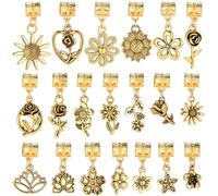 BEAMARKER 40Pcs 20 Styles European Large Hole Charms Gold Flower Charms Alloy Small Rose Sunflower Lotus Floral Bail Bead Connector Tibetan Vintage Pendants for Bracelets Necklaces Jewelry DIY Crafts