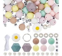 BEAMARKER 420Pcs Round Silicone Focal Beads Keychain Making Bead Kit with Thread Colorful Hexagonal Flower Rhinestone Acrylic Pearl Split Keyrings for Car Key Chains Purse Backpack Supplies DIY Crafts