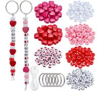 BEAMARKER 420Pcs Valentine Bead Keychain Making Kits Acrylic Letter Heart Shape Plastic Pony Beads with Key Rings 15M Nylon Cord for DIY Bag Charm Bracelet Jewelry Backpack Keychain Supplies