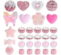 BEAMARKER 50Pcs DIY Pink Beads Kits Acrylic Round Heart Butterfly Star Flower Beads Rondelle Rhinestone Spacers Polymer Clay European for Beadable Pens Jewelry Making Bracelets Keychain