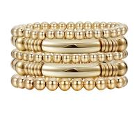 BEAMARKER 5Pcs Gold Layered Beaded Bracelets Set for Women Dainty Trendy Stretch Elastic Round Ball Beads Bangles Chain Tube Bangle Boho Chunky Stackable Bracelets Jewelry for Gifts