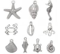 BEAMARKER 60Pcs 10 Styles Antique Silver Ocean Charms Tibetan Style Sea Animal Charms Shell Starfish Conch Fish Tortoise Marine Pendants for Bracelet Necklace DIY Jewelry Making Summer Beach Decor