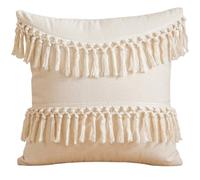BEAMARKER Boho Decorative Throw Pillow Cover 18x18 Inch Cozy Bohemian Macrame Cushion Cover Square White Cotton Pillow Case with Tassels for Couch Sofa Bed Bench Car Farmhouse Home Decor