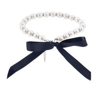 BEAMARKER Diamond Dog Pearl Necklace Rhinestones White Pearl Cat Wedding Collar Beaded Small Pet Collars Kitten Bling Puppy Jewelry with Black Ribbon Bowknot for Chihuahua Yorkie Accessories(Size M)