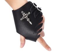 BEAMARKER Leather Punk Fingerless Gloves for Women Men Black Gothic Rock Half Finger Skull Cross Design for Halloween Driving Cycling Motorcycling Performance Costume Sport Right Hand