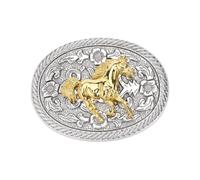 BEAMARKER Running Horse Belt Buckle Alloy Cowboy Oval Belt Fastener Two Tone Platinum Golden Finish 3.62 × 2.78 Inch Interchangeable Buckle Western Style Engraved Horse Design for Men Women