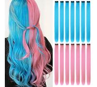 Beamely 16Pcs Colored Clip in Hair Extensions, 22 Inch Colorful Highlights Hairpieces Straight & Long Heat-Resistant Synthetic Hair Accessories for Kid Girls Women Party Hair Decor-Pink+Sky Blue