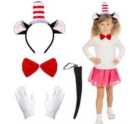 Beamely 4Pcs Red White Cat Costume Accessories Set with Cat Ear Headband Red Bow Tie White Parade Gloves Black Tail, Crazy Cats Costume Set for 100th Day of School Cosplay, World Book Day