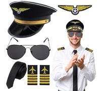 Beamely 5Pcs Airline Pilot Captain Hat Costume Accessories Set, Pilot Fancy Dress Kit with Captain Hat Armband Sunglasses Tie Gloves Cosplay Outfit for Adults Teenager Cosplay Dress up Party