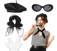 Beamely French Women's Accessories Set - Artist Mime Kit with Beret, Scarf, Sunglasses, Gloves for Girls Cosplay Party Supplies - Black