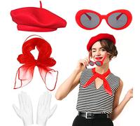 Beamely French Women's Accessories Set - Artist Mime Kit with Red Beret, Scarf, Sunglasses, Gloves for Girls Cosplay Party Supplies