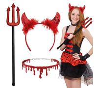 Beamely Halloween Red Devil Costume Set for Women Girls, 3pcs Accessories Includes Devil Horns Headband, Blood Choker, Devil Fork Prop, Sexy Devil Outfit for Halloween Party, Carnival, Masquerade