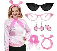 Beamely Pink Ladies Fancy Dress Set for Women, 1950s Ladies Jacket Grease Outfits with Retro Accessories Scarf Glasses Polka Dot Earrings Headband for 50s Theme Party Supplies Halloween Costume-XXL