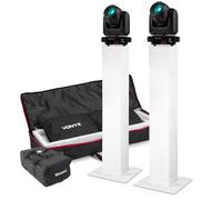 beamz 2x Cobra 100H DJ Moving Head Light with Prism, Case & Adjustable DJ Plinth Stands - High-Powered 100W LED Lights, Gobo, 6-Facet Prism, Sound & DMX Control, Lycra Covers - moving head podium