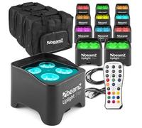BeamZ BBP90 Wireless Battery Uplighters Kit, 12x Battery Operated RGB-UV LED Wall Wash Lights, DMX Control, IR Remote & 3X Soft Padded Carry Cases - Ideal for Events, Weddings & Stages