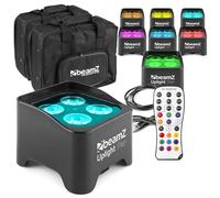 BeamZ BBP90 Wireless Battery Uplighters x8, RGB-UV LED, DMX, Carry Cases | 7 DMX channels, master/slave sync, 20-hour battery, weddings & architectural